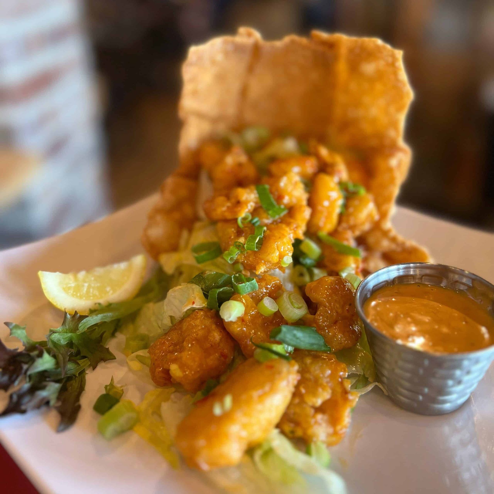 A close up of a plate of food with a dipping sauce on a table.