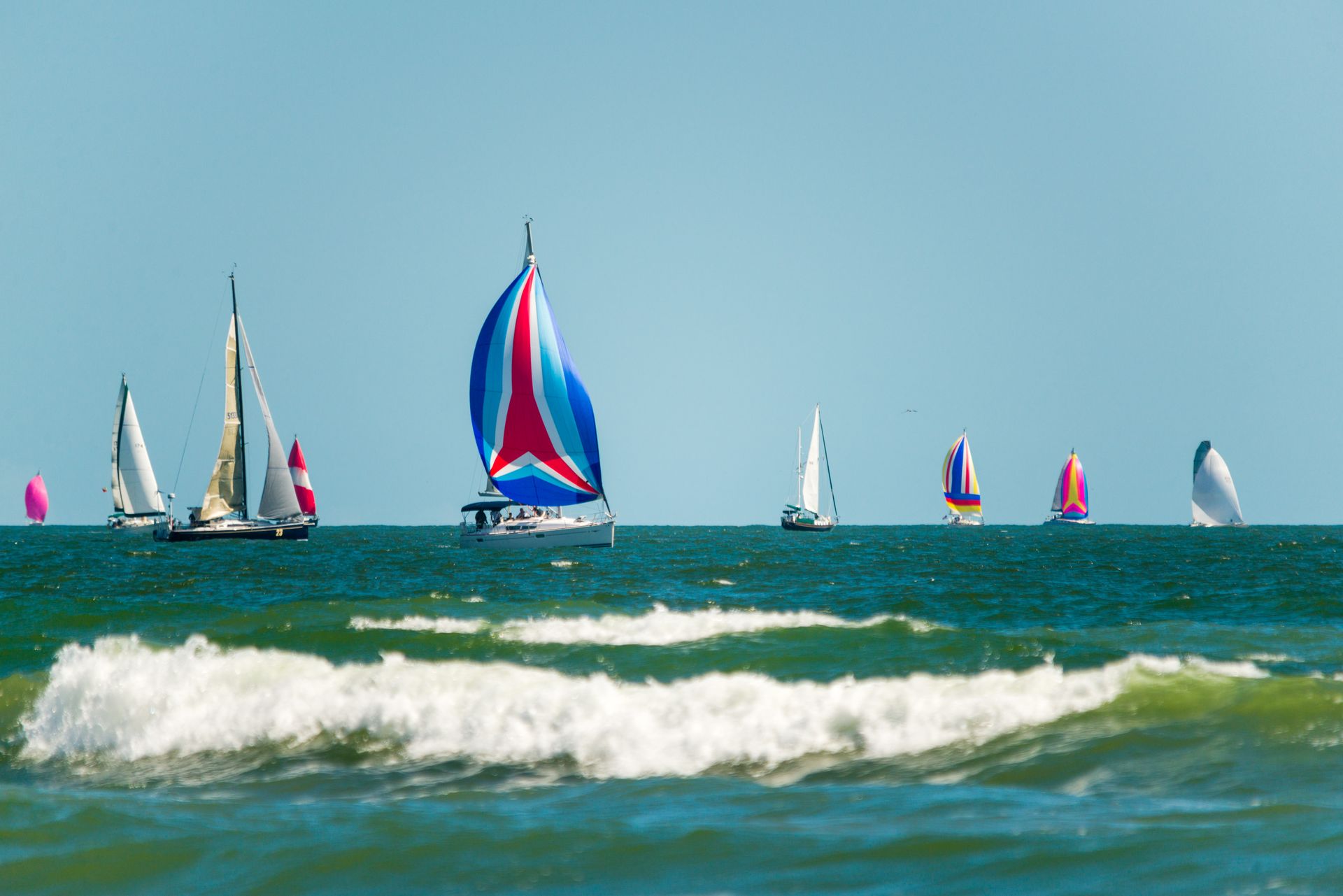 A group of sailboats are sailing in the ocean.