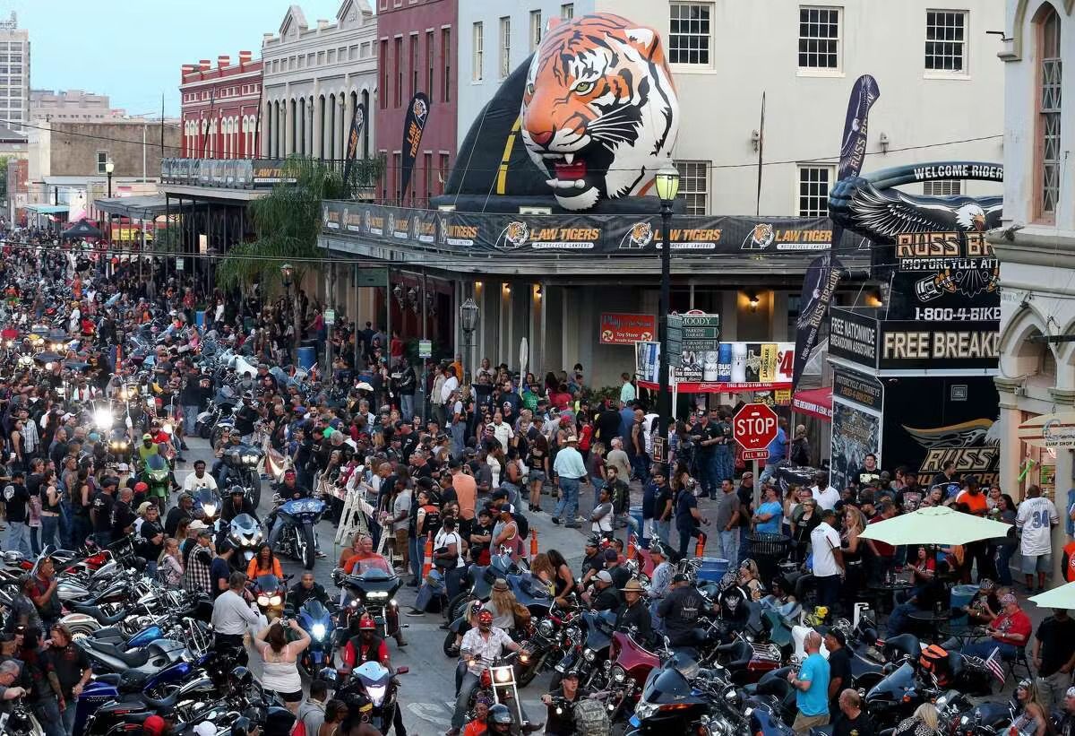 A crowd of people is gathered on motorbicycles in the parade.