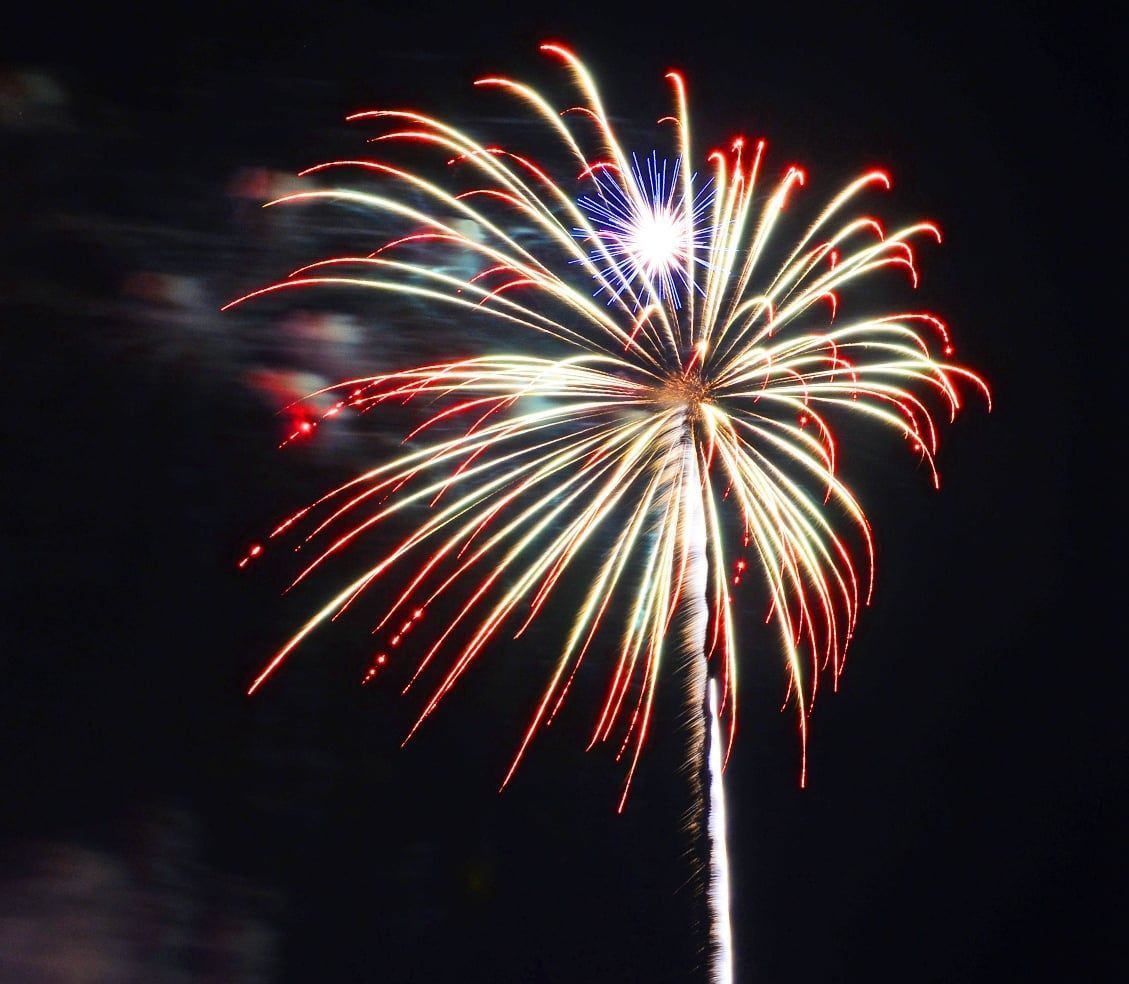 A fireworks display is going off in the night sky