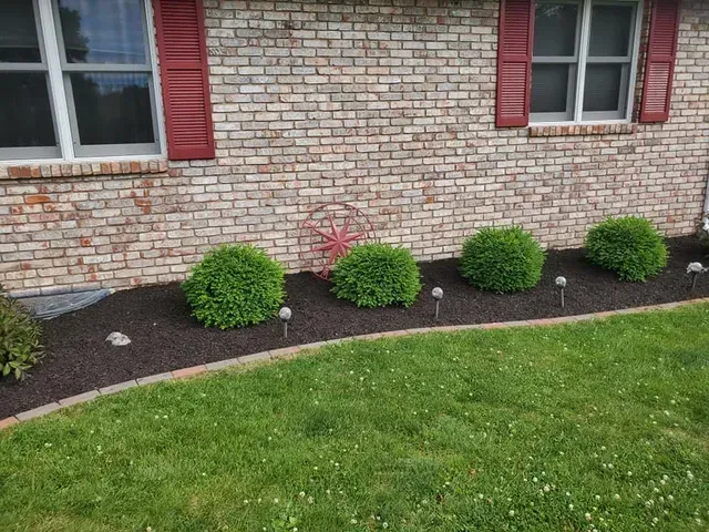 A brick house with a lush green lawn and bushes in front of it.