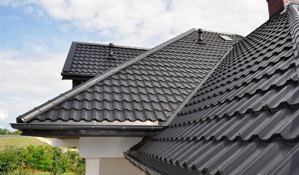 Black metal roof on a house against a cloudy sky; gutter visible.