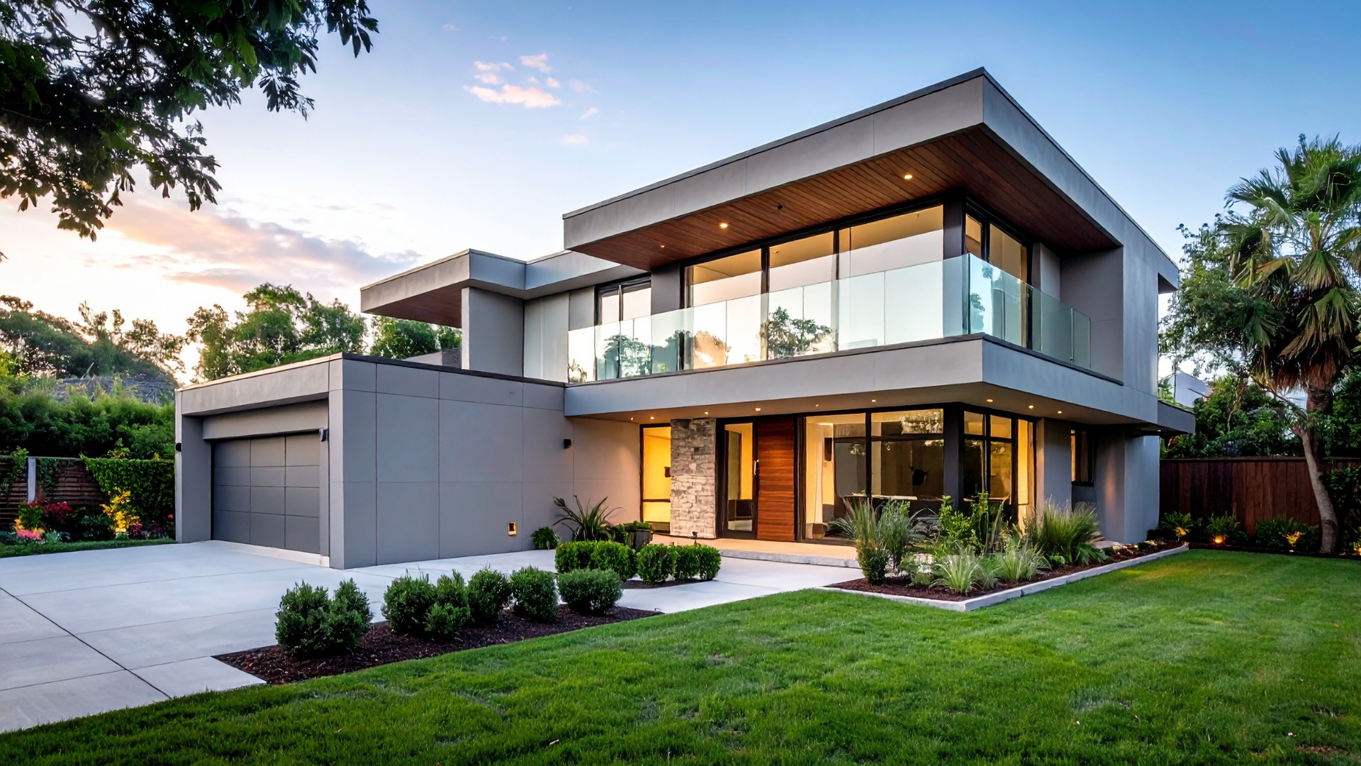 Contemporary home with clean lines, large glass windows, and a stylish combination of concrete and wood materials, surrounded by lush greenery.