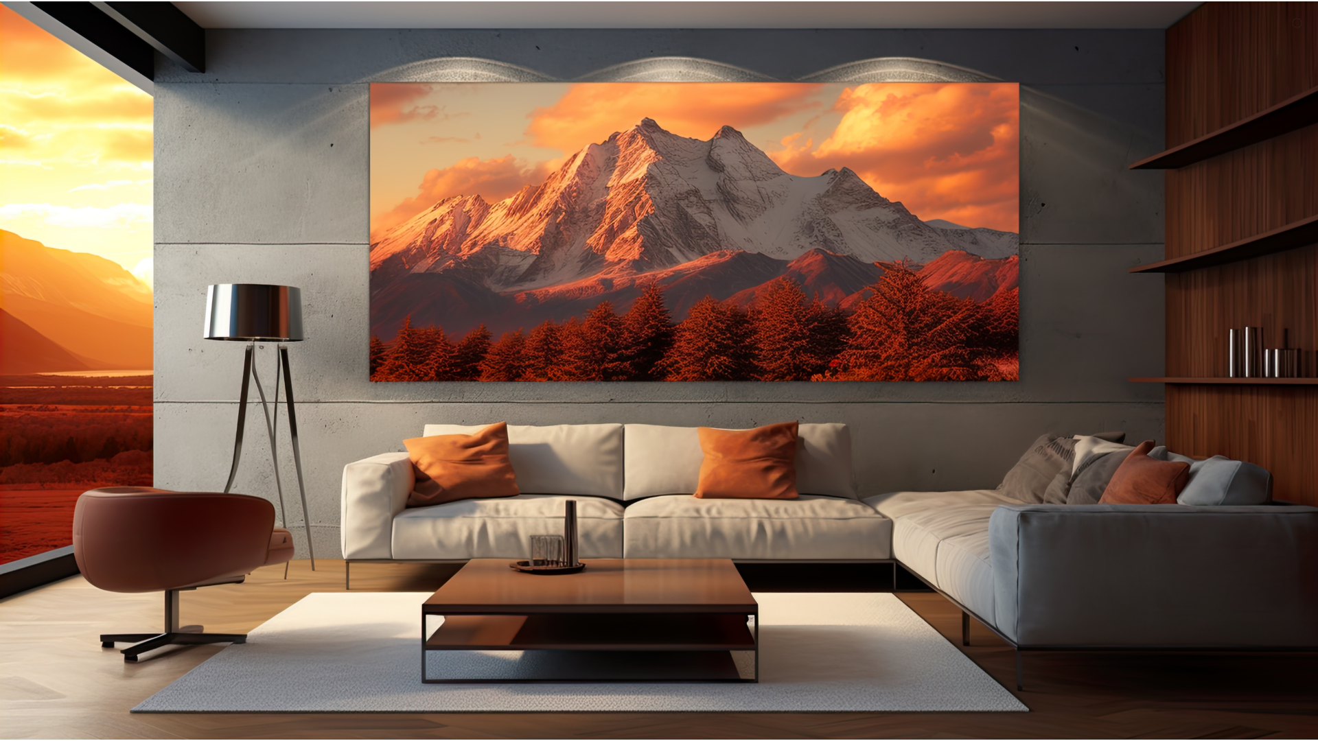 Modern living room with mountain landscape artwork and cozy furniture featuring a neutral sofa, wood