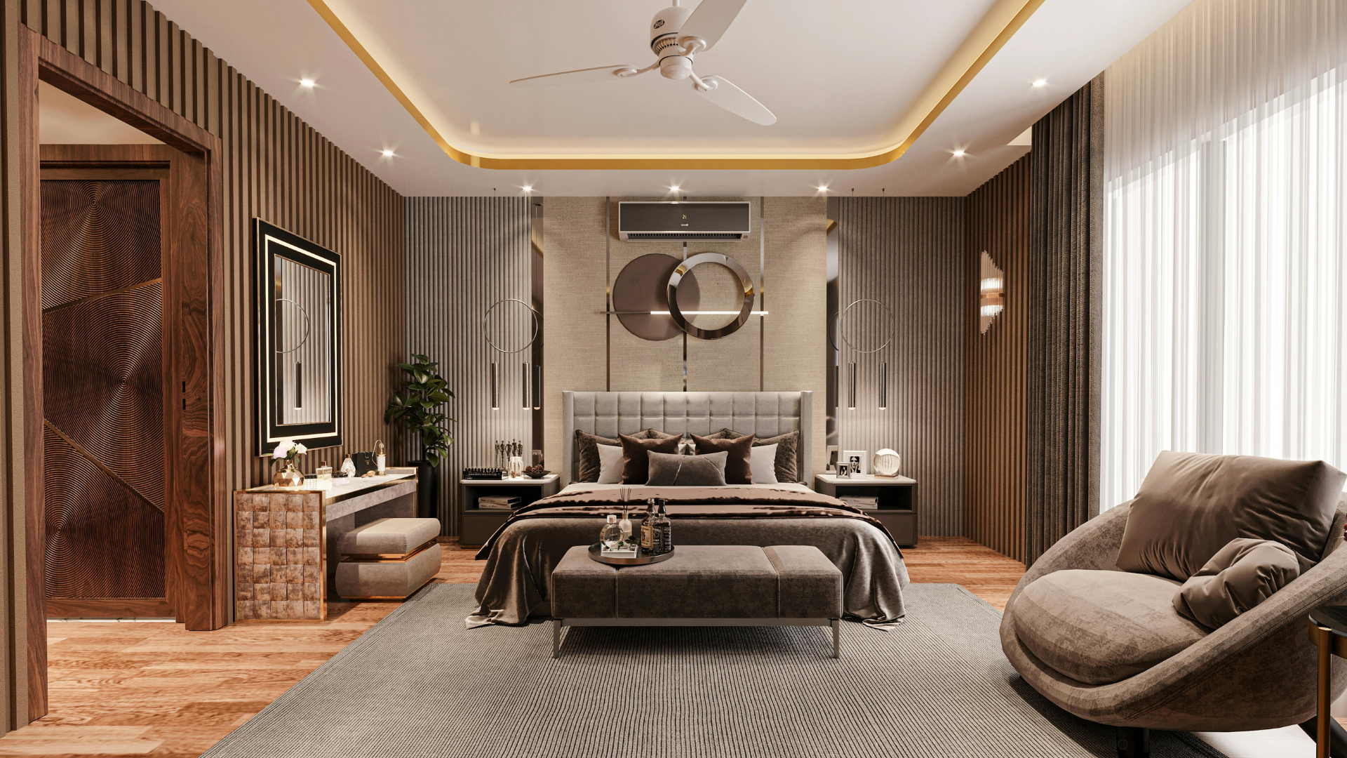 Sophisticated bedroom with elegant beige tones, featuring a luxurious bed, contemporary decor, and stylish wooden accents for a calm and refined atmosphere.