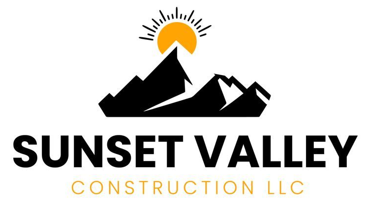 Logo for Sunset Valley Construction LLC: Black mountains, yellow sun, and company name.