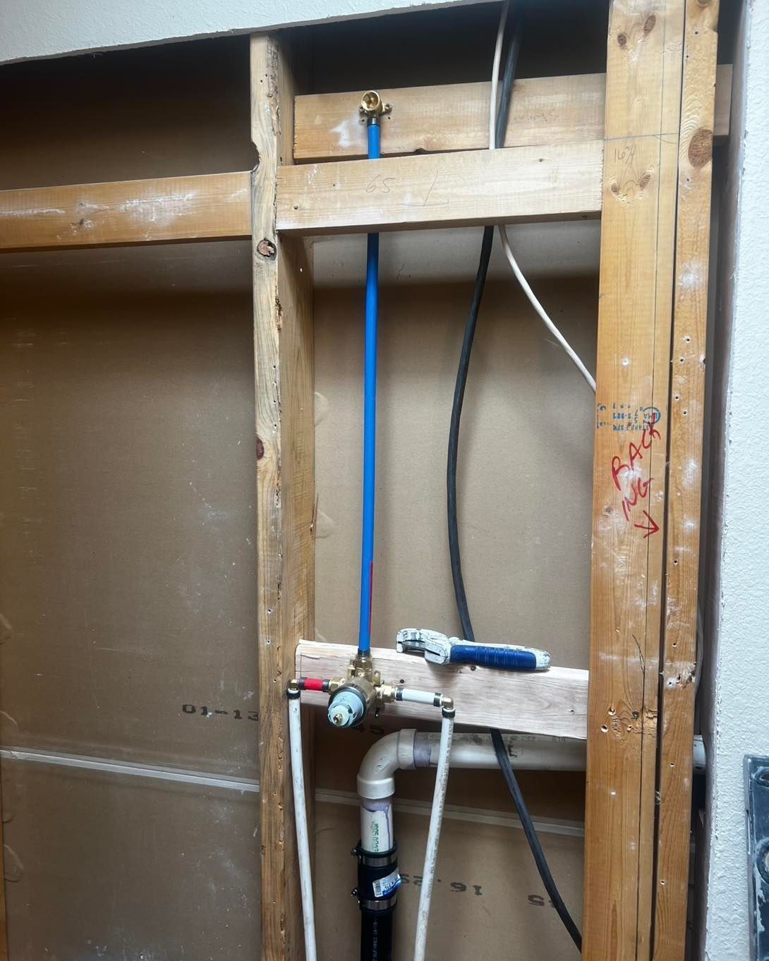 Framed wall with exposed plumbing: blue pipe, white and black pipes, copper fixtures, wooden studs.