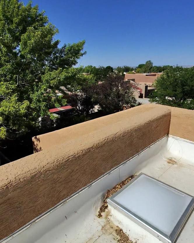 Rooftop view with a low adobe wall, trees, and buildings against a bright blue sky.