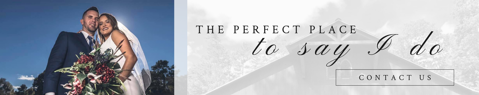 Bride and groom embracing in a floral wedding portrait with the words “The perfect place to say I do”