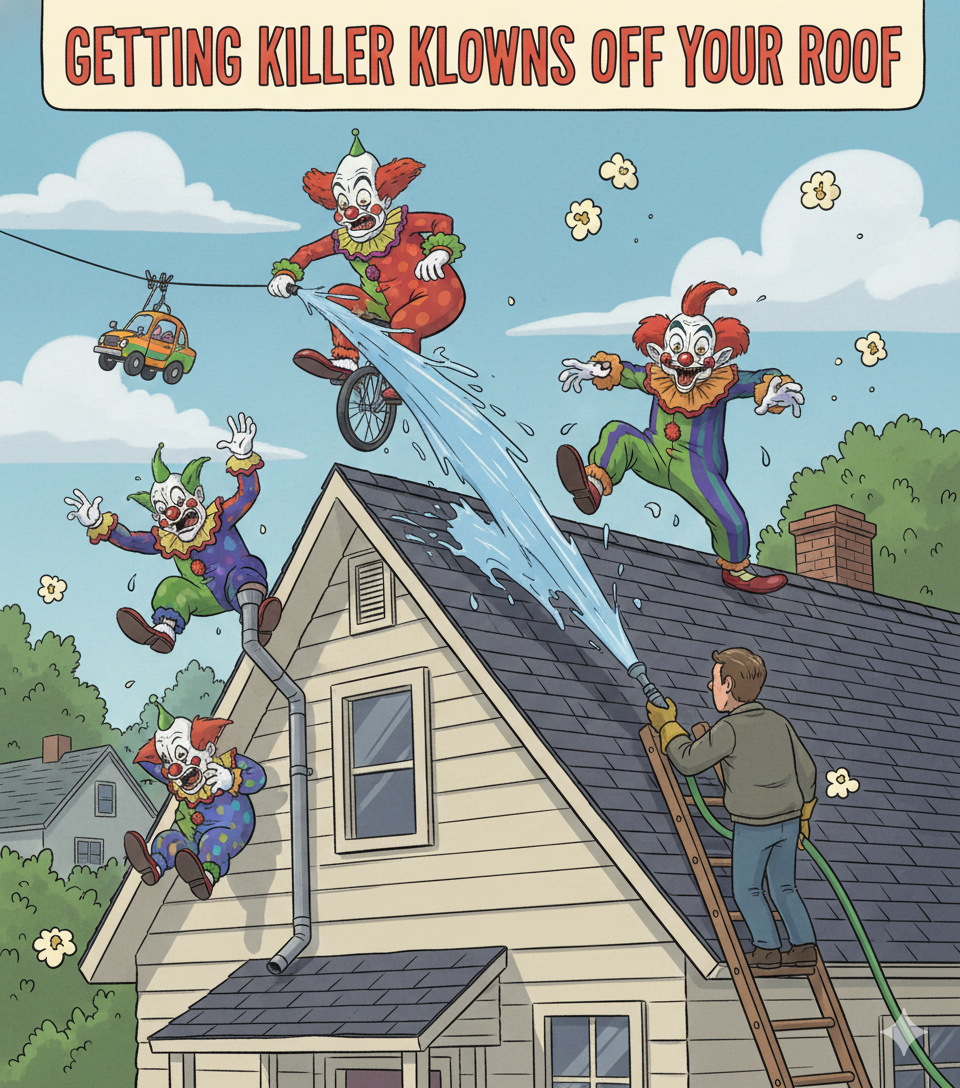 Menacing klowns on a roof