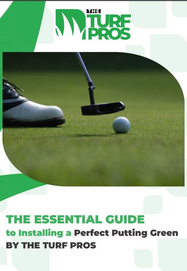 Putting green guide: Golfer putting, green grass, golf ball, turf logo,