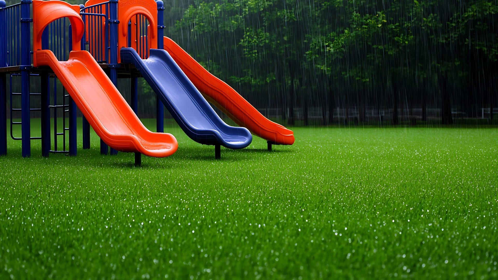 Playground with orange, blue slides; green grass; raining.