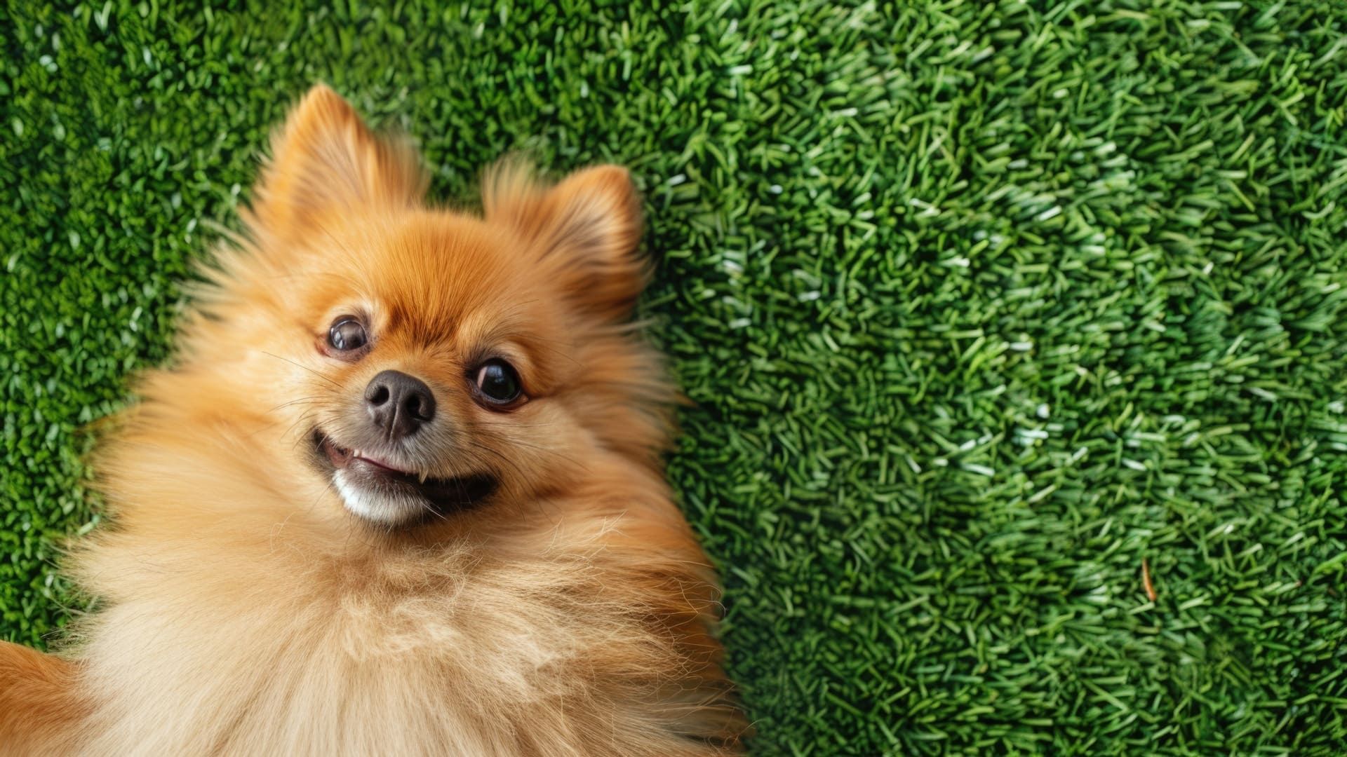 Happy Pomeranian dog lying on green grass, smiling.
