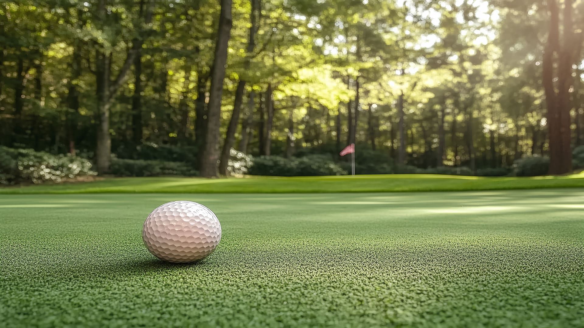Golf ball on green, with flag in background; trees and sunlight.