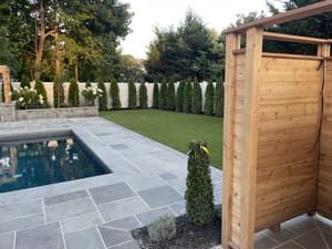 Backyard patio with a pool, privacy screen, and manicured landscaping.