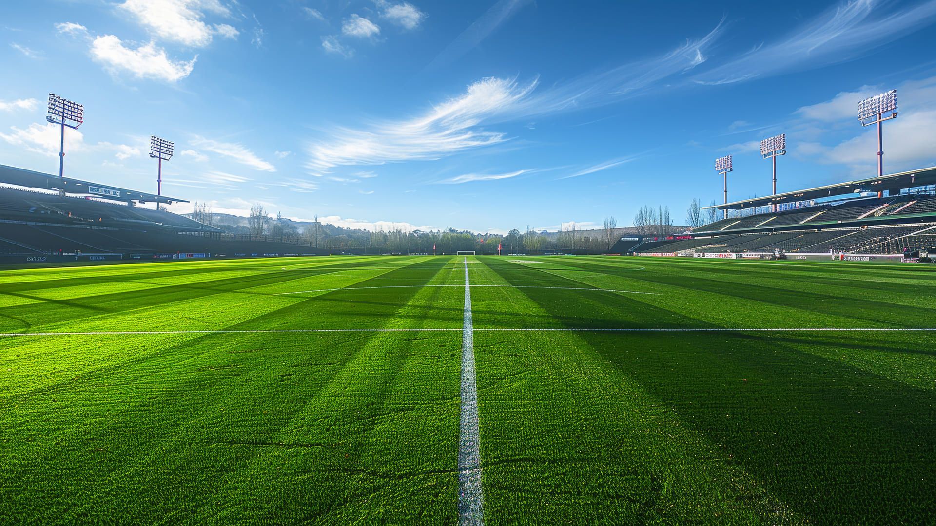 Green stadium field with white lines under blue sky, bleachers and bright stadium lights.