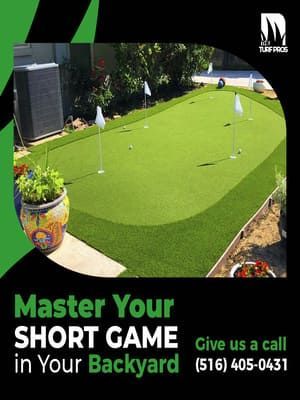 A backyard putting green with flags, surrounded by green turf and landscaping. Text says 