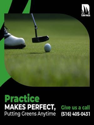 Golfer putting on a green; advertisement for putting greens. Text: 
