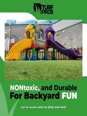 Playground on green turf, text: 