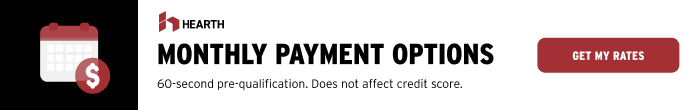 Ad for monthly payment options. Features a calendar icon with a dollar sign and a red 