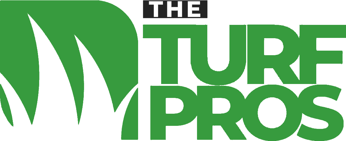 The Turf Pros logo with a green grass blade design and green text. A black rectangle reads "THE".