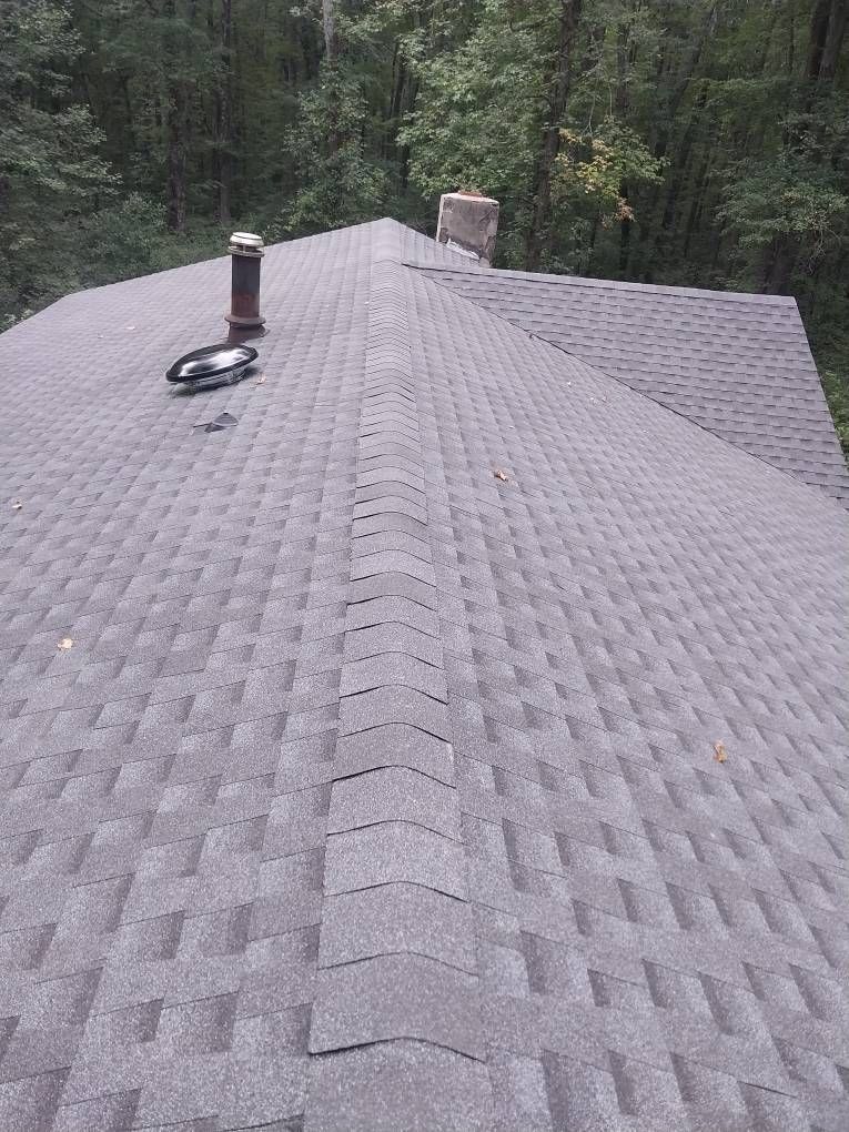 Gray shingled roof with a chimney and vent, surrounded by trees.