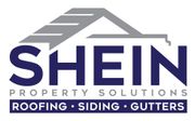 SHEIN Property Solutions logo with gray roof graphic and purple “ROOFING • SIDING • GUTTERS” text