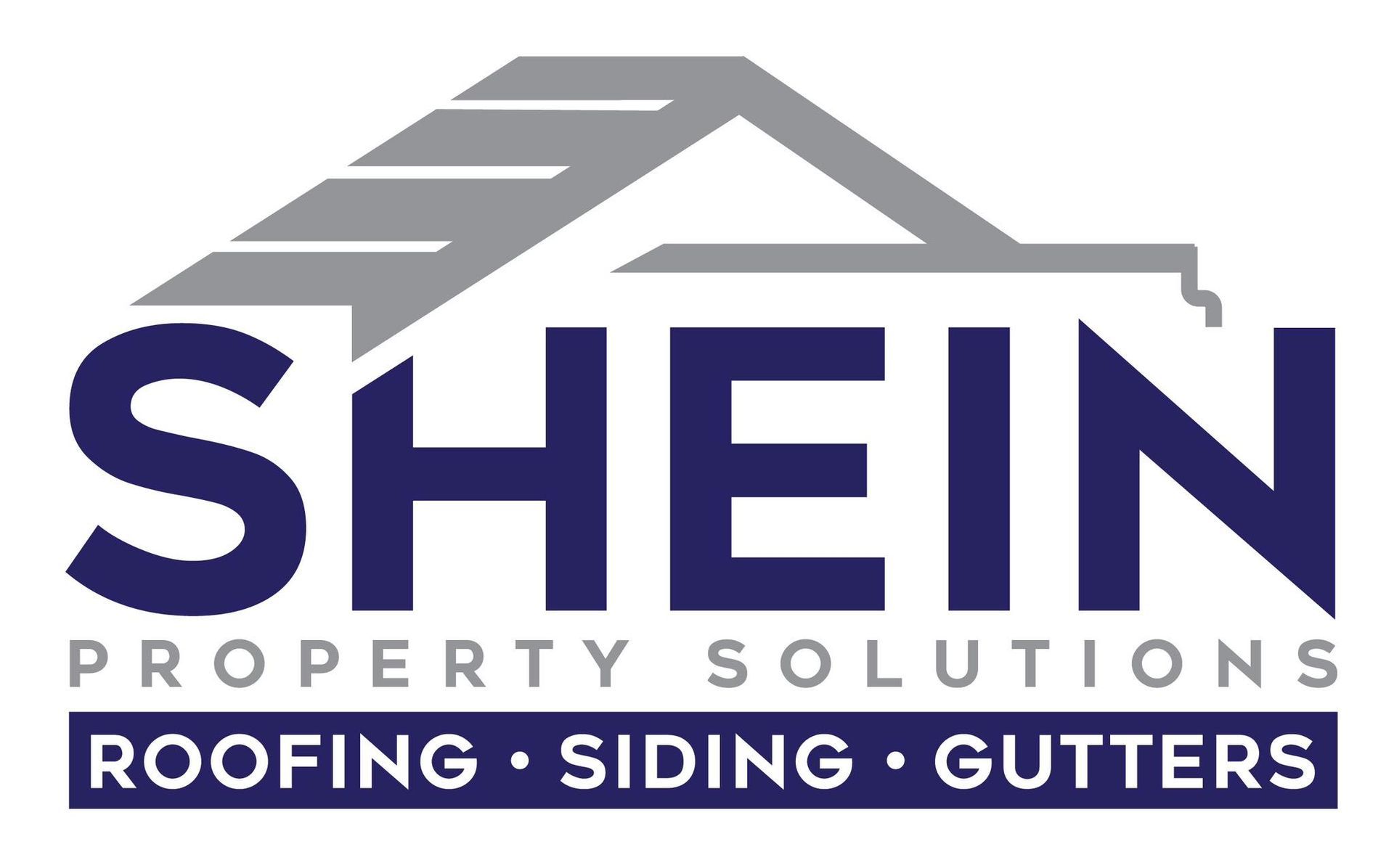 SHEIN Property Solutions logo with gray roof graphic and navy text for roofing, siding, and gutters