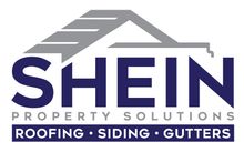 SHEIN Property Solutions logo with gray roof graphic and purple “ROOFING • SIDING • GUTTERS” text