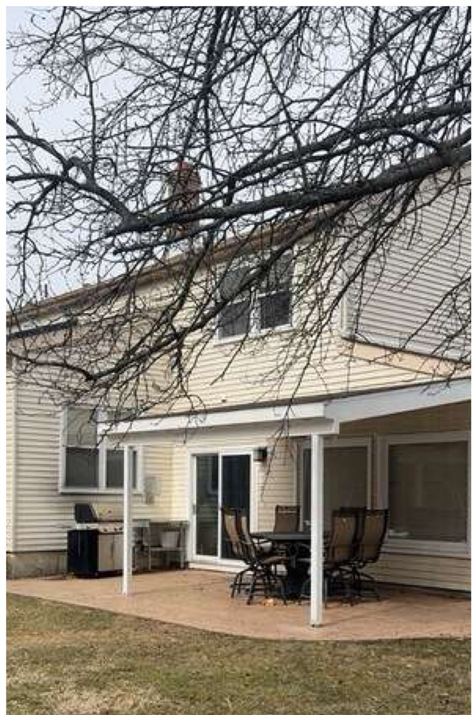 Back patio of a beige house with white columns, patio furniture, and bare tree branches overhead
