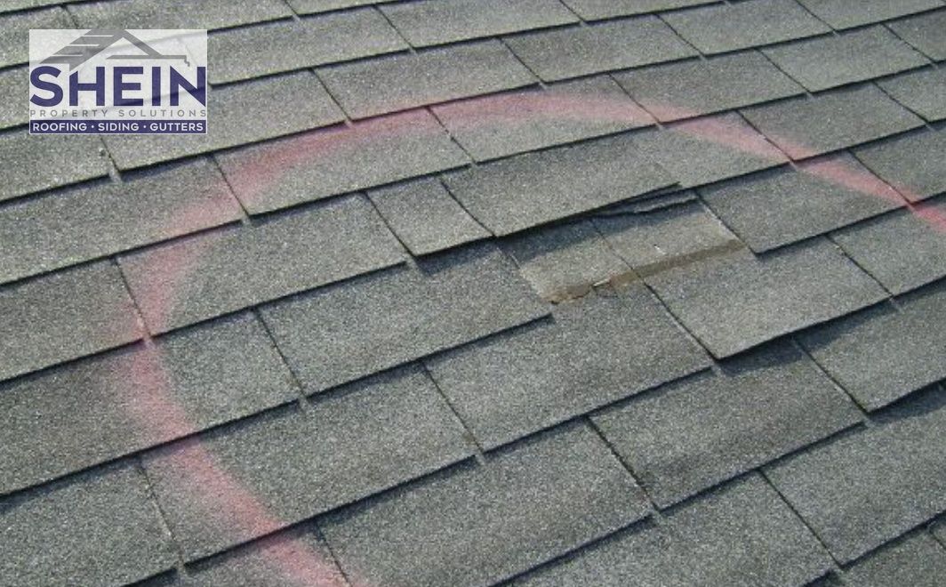 Roof shingles with visible damage and a faded red circle marking the problem area