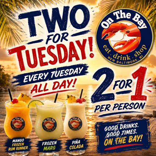 Restaurant ad for “Two for Tuesday” drink specials with three colorful frozen drinks and 2-for-1 pricing.
