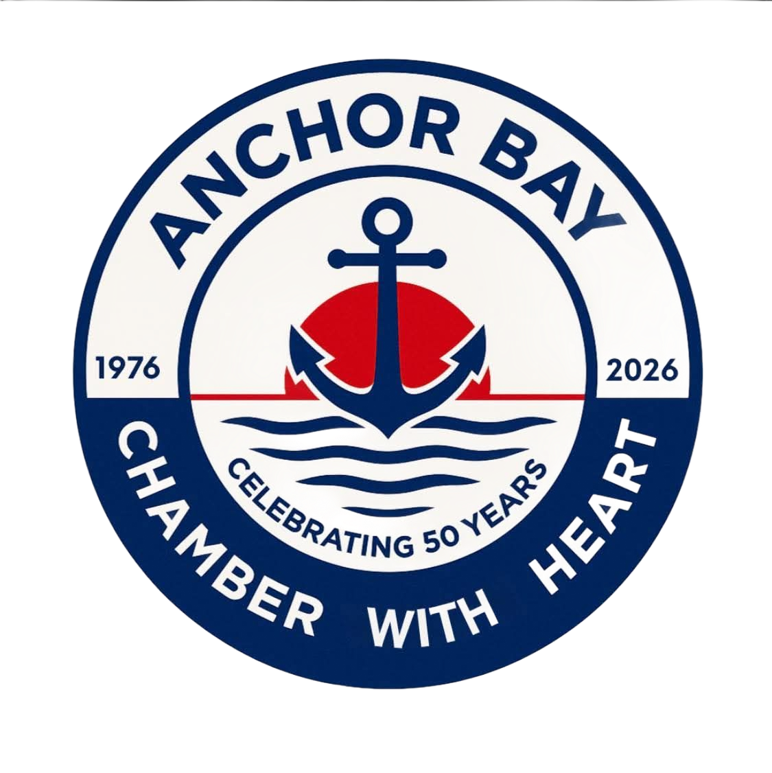 Anchor Bay Chamber of Commerce logo featuring a black anchor, blue/red dots, and text on a blue circle.