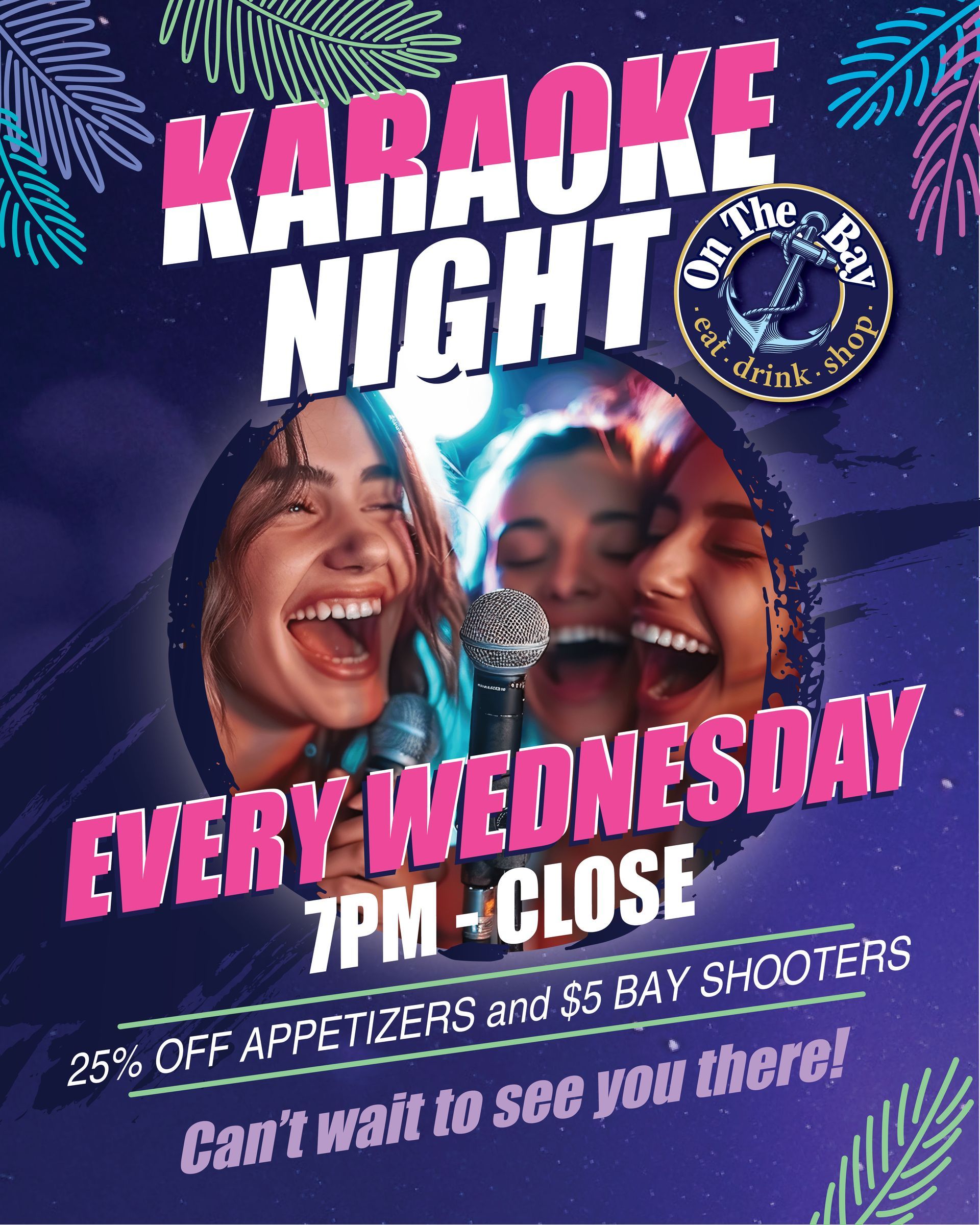 Karaoke Night flyer. Women singing into a microphone at 