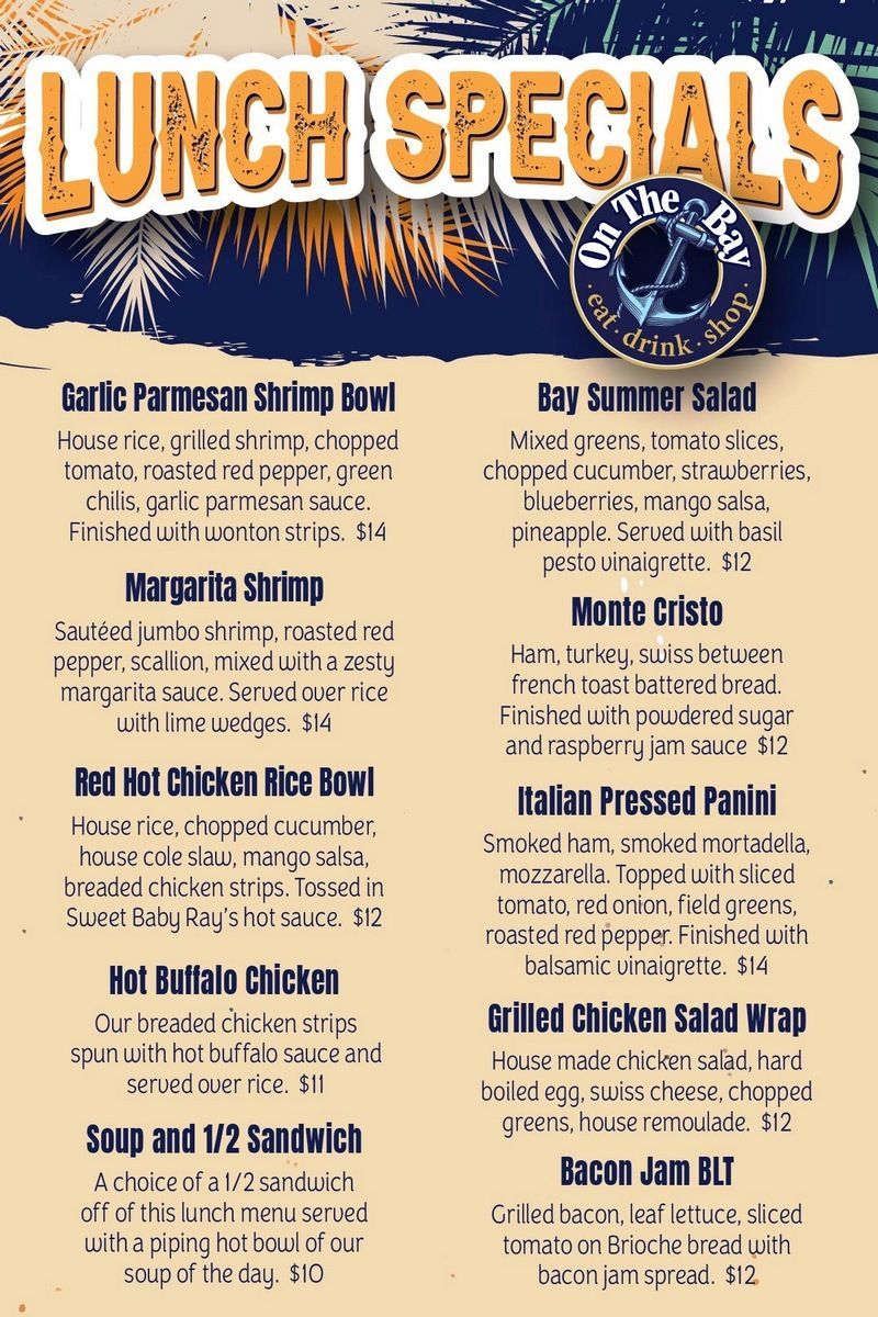 Lunch specials menu: seafood, salads, sandwiches. 