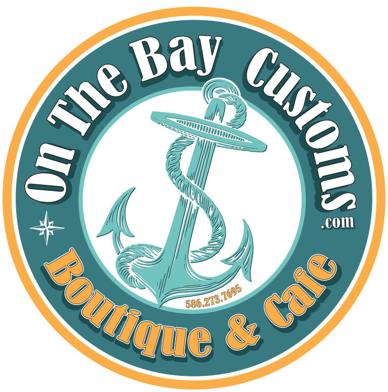 A logo for on the bay customs boutique and cafe