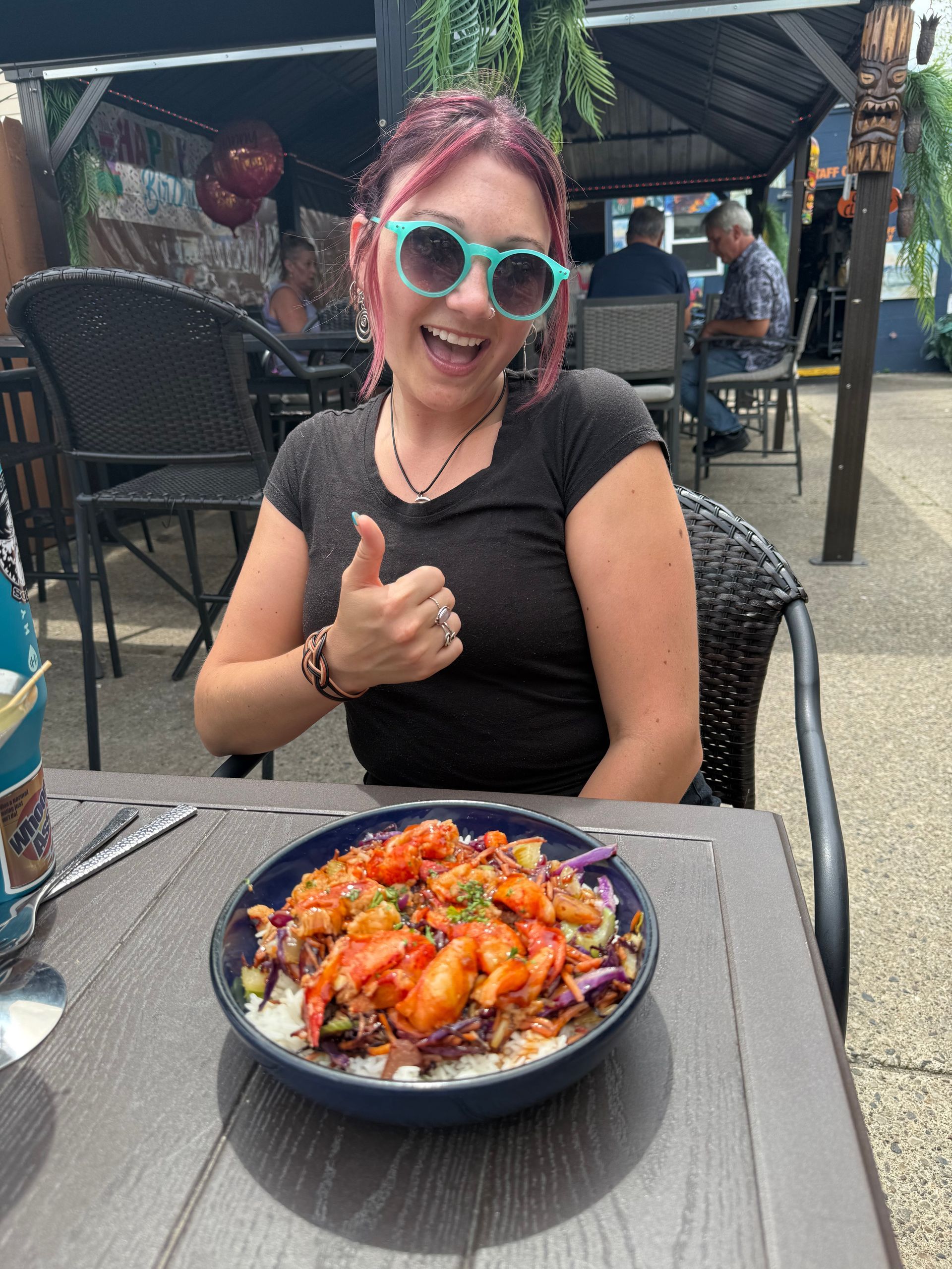 A Tropical Rice Bowl are served with protein options of Lobster, Shrimp, Burnt Ends, Chicken, Veggies 