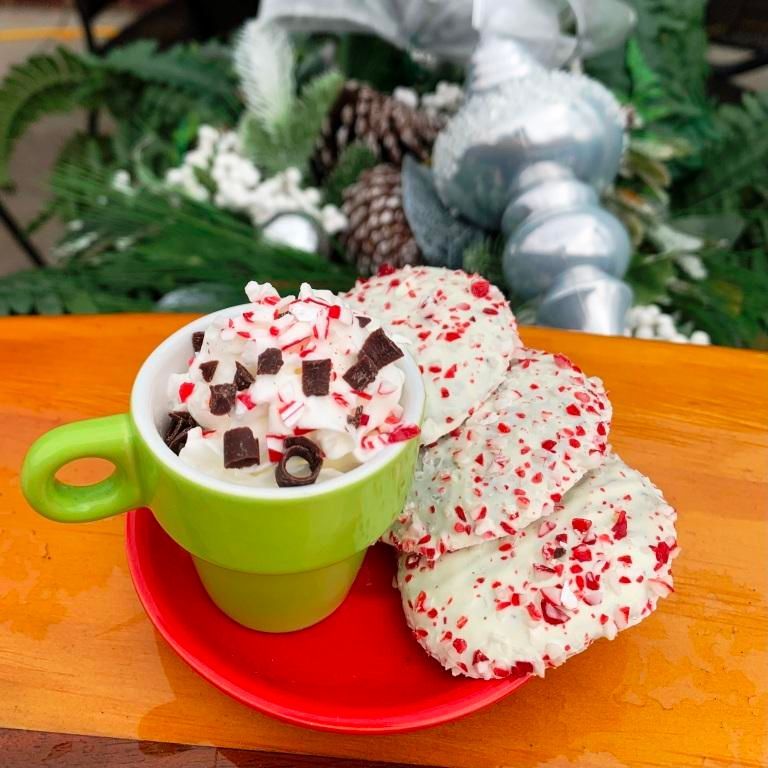 Green mug of hot chocolate with whipped cream and chocolate, red plate, and peppermint cookies.