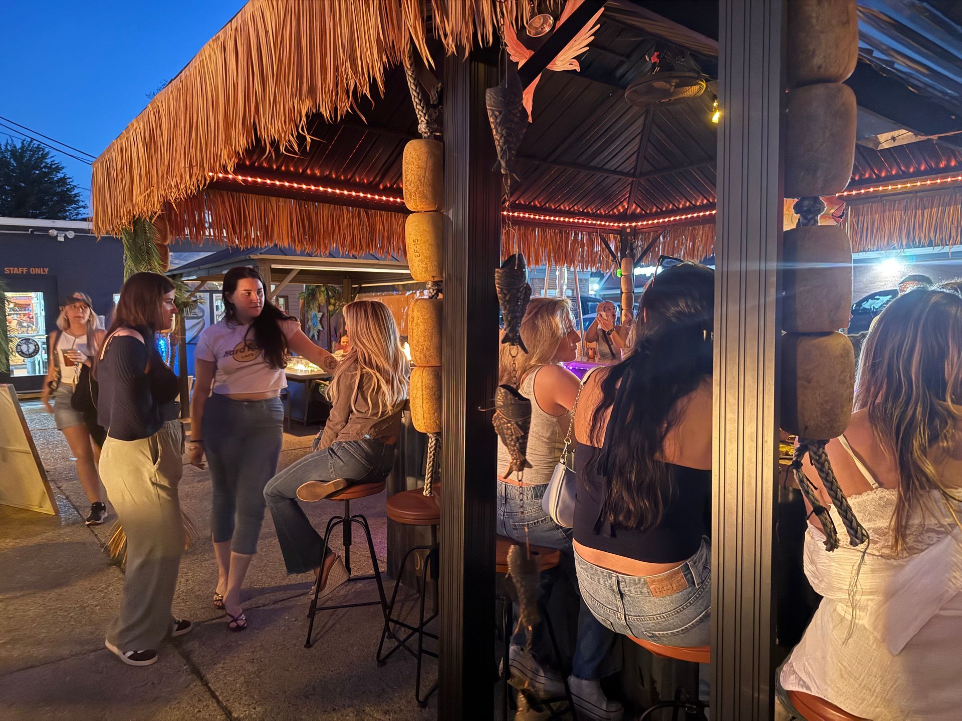 People socializing at an outdoor bar with a thatched roof. Evening setting.