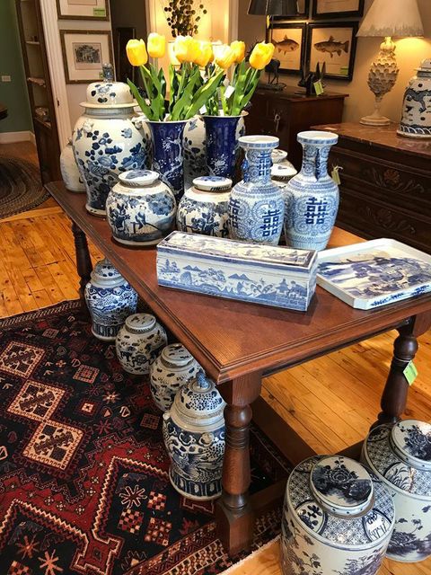 Antique Mall — White Antique Vases with Blue Detail in Murfreesboro, TN