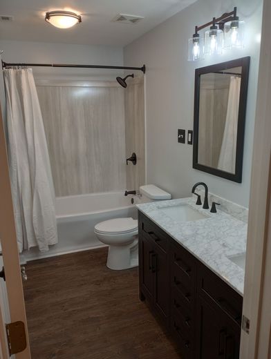 Bathroom with a dark-colored vanity, white sink, and light gray walls. Shower and toilet on the left.