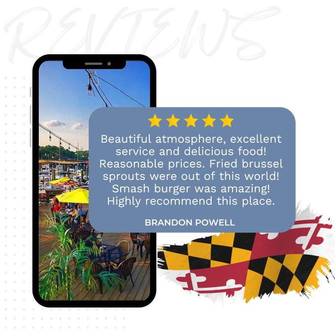 iPhone graphic with a review from Brandon Powell and Maryland flag graphic