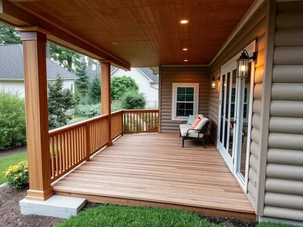 A wooden deck with a covered porch, log-style exterior walls, railing, and a small seating area.