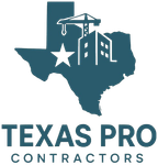 Logo featuring a dark teal Texas map outline with a white star, crane, and building silhouette, over the company name.