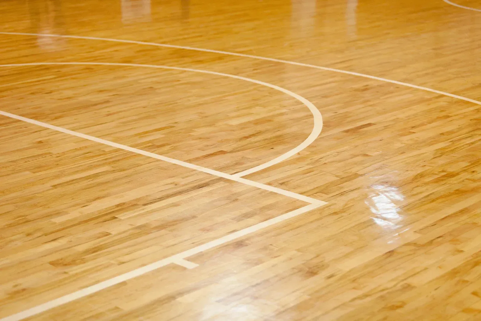 Basketball court with blue, red, and gray asphalt. Trees and benches line the court under a cloudy sky.