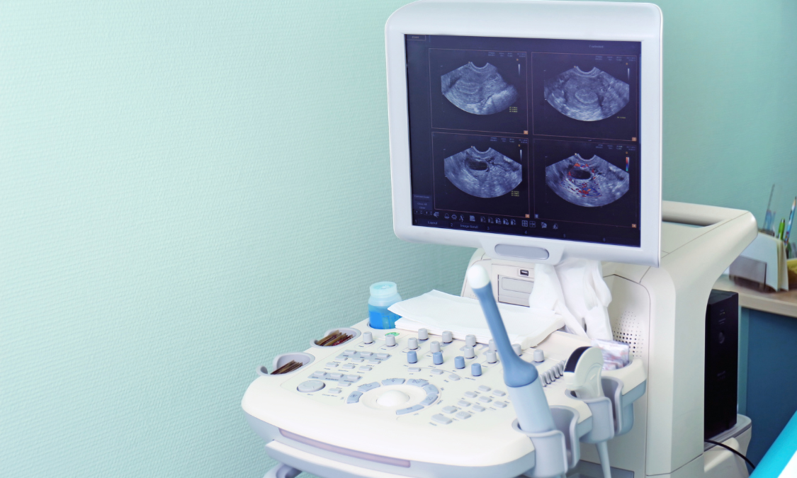 Pregnant person with a doctor in a medical setting, getting a checkup.