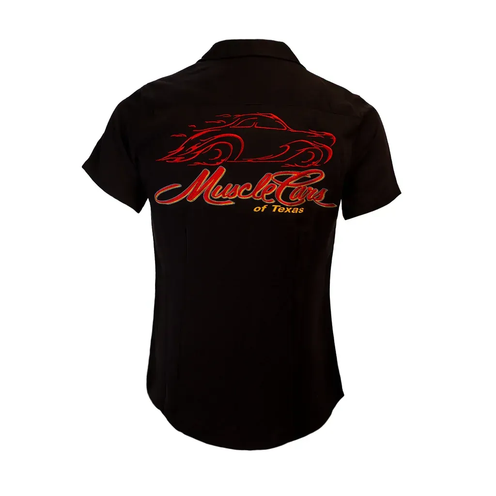 Black button-down shirt with short sleeves and logo on the chest.