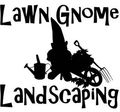 Silhouette of a garden gnome with tools: watering can, wheelbarrow, and rake. "Lawn Gnome Landscaping" text.