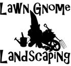 Silhouette of a garden gnome with tools: watering can, wheelbarrow, and rake. "Lawn Gnome Landscaping" text.