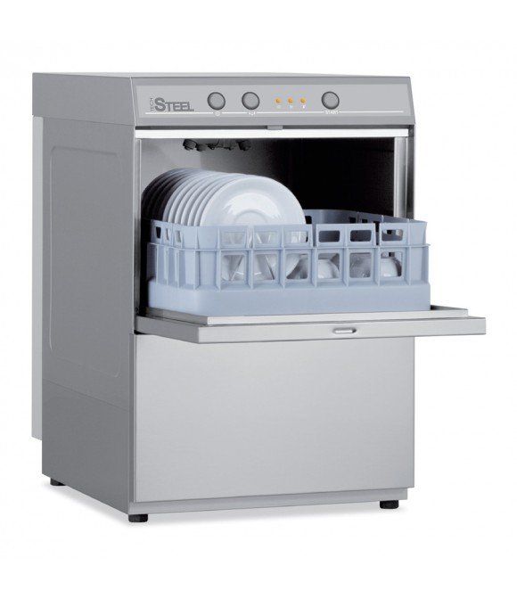 Una lavastoviglie in acciaio inox con piatti e bicchieri dentro